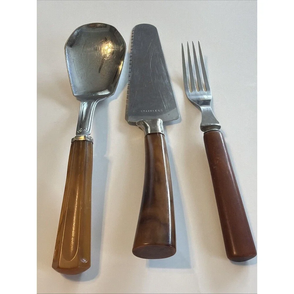 Vintage Caramel Bakelite Utensils Pie Server Ice Cream Scoop and Fork Marbling